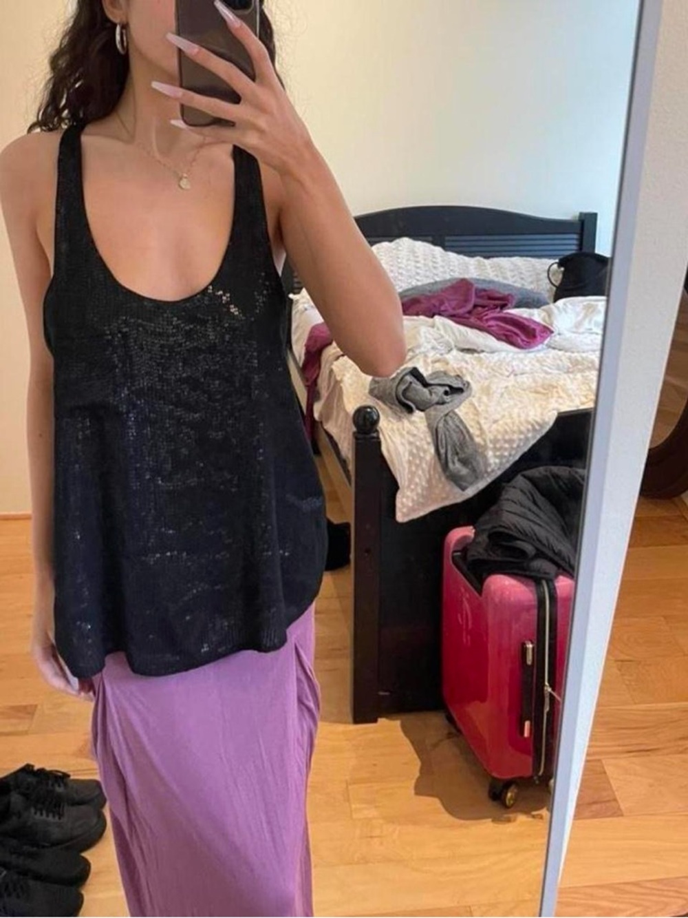Black Sequin Scoop Tank Top - Women's Sleeveless Shine